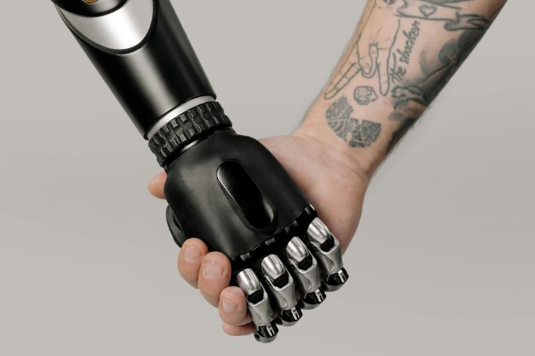 AI robot and human holding hands
